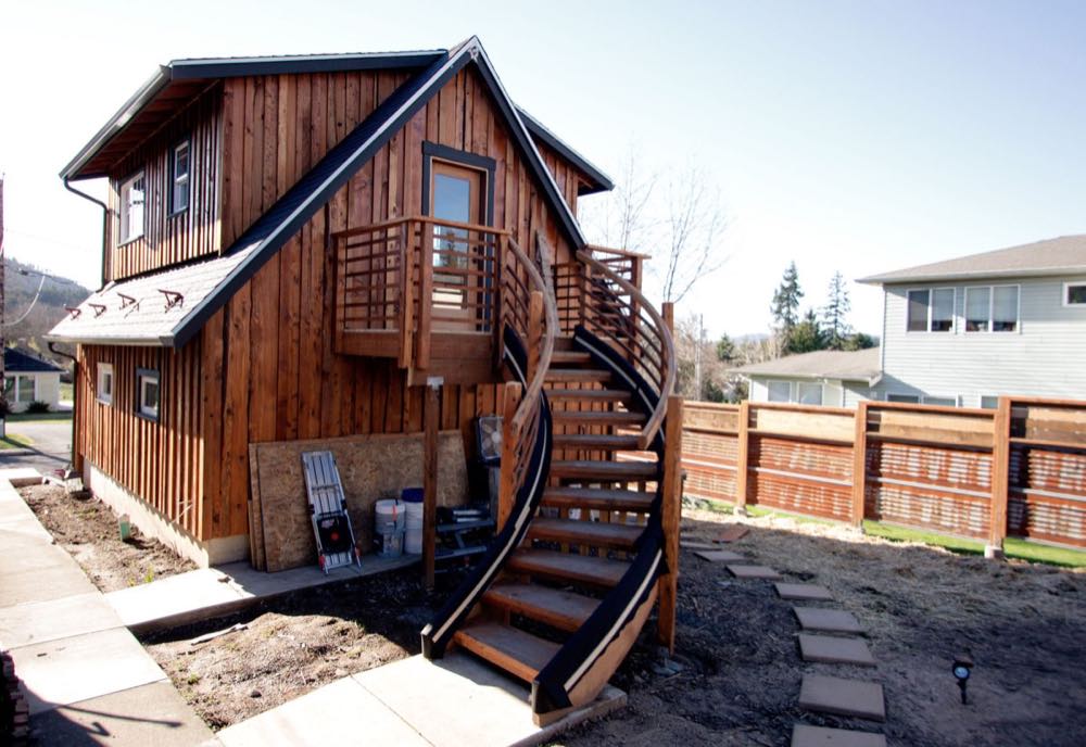 Rose Studio and Garage — cedar siding with curved staircase